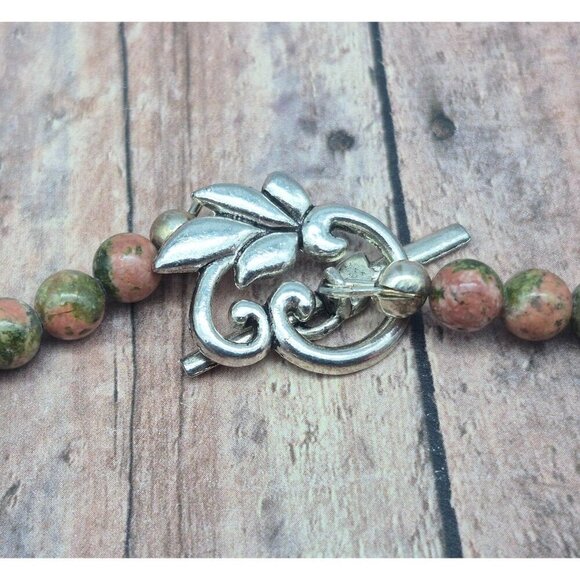 Artisan Boho Unakite Natural Stone Beaded Collar Bib Necklace Toggle Clasp 18" - Picture 10 of 11